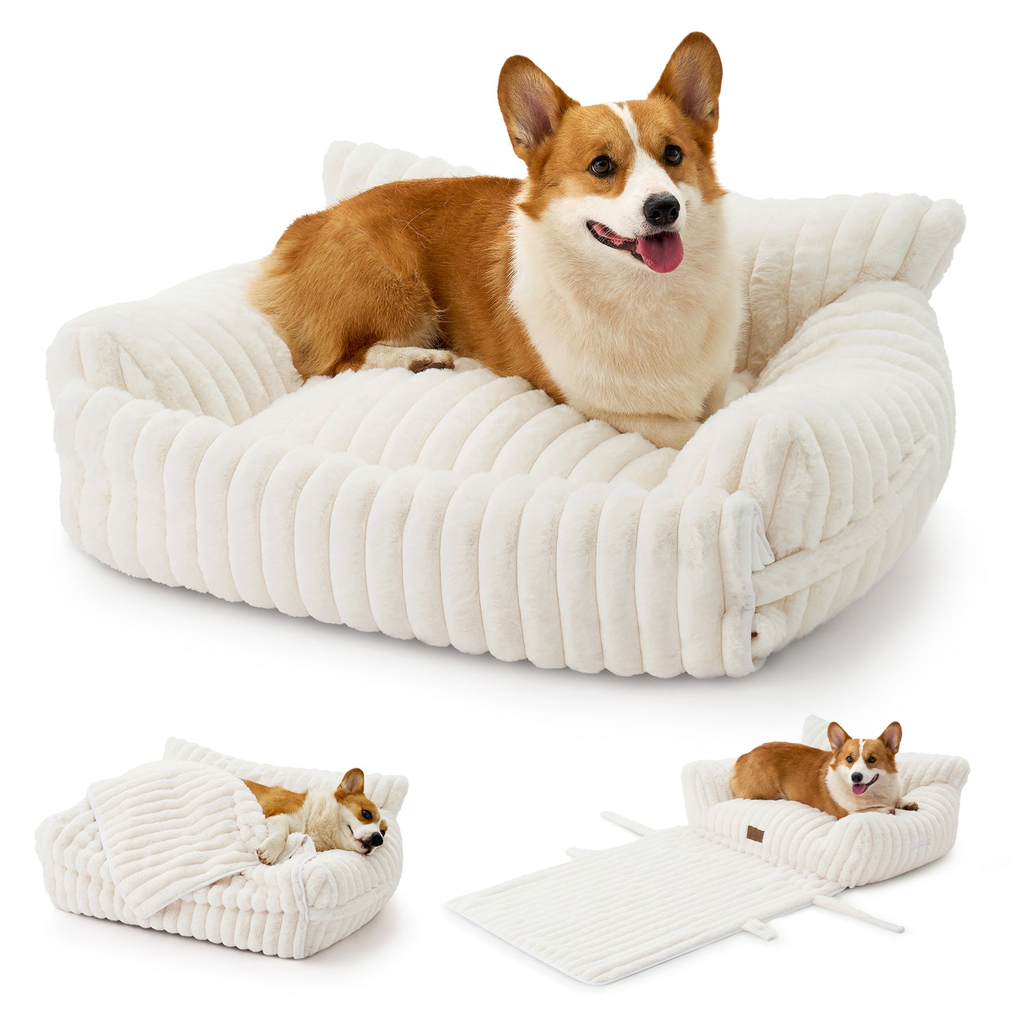 Multifunctional Plush Faux Fur Pet Couch Bed with Blanket