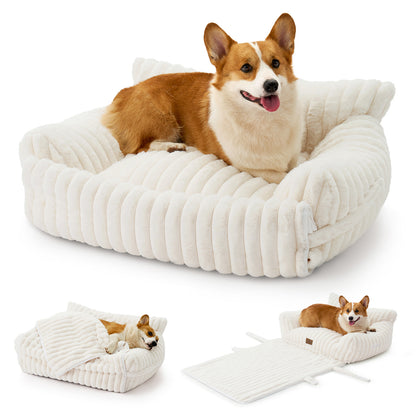 Multifunctional Plush Faux Fur Pet Couch Bed with Blanket