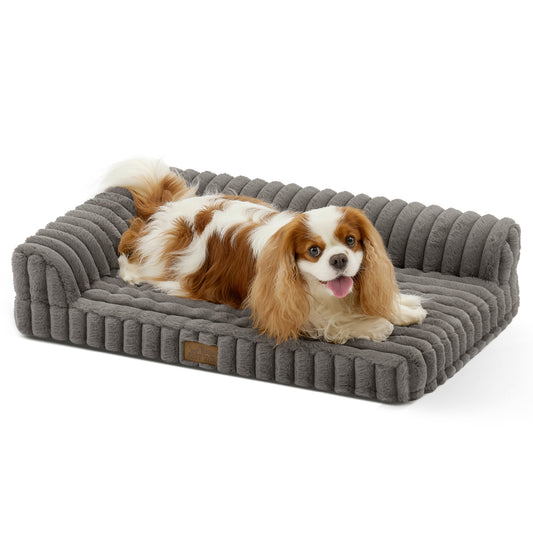 L-Shape Striped Faux Fur Orthopedic Foam Dog Bed