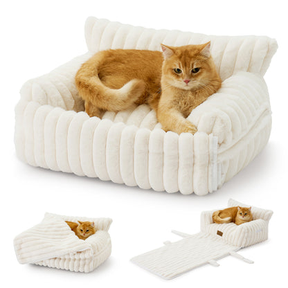 Multifunctional Plush Faux Fur Pet Couch Bed with Blanket