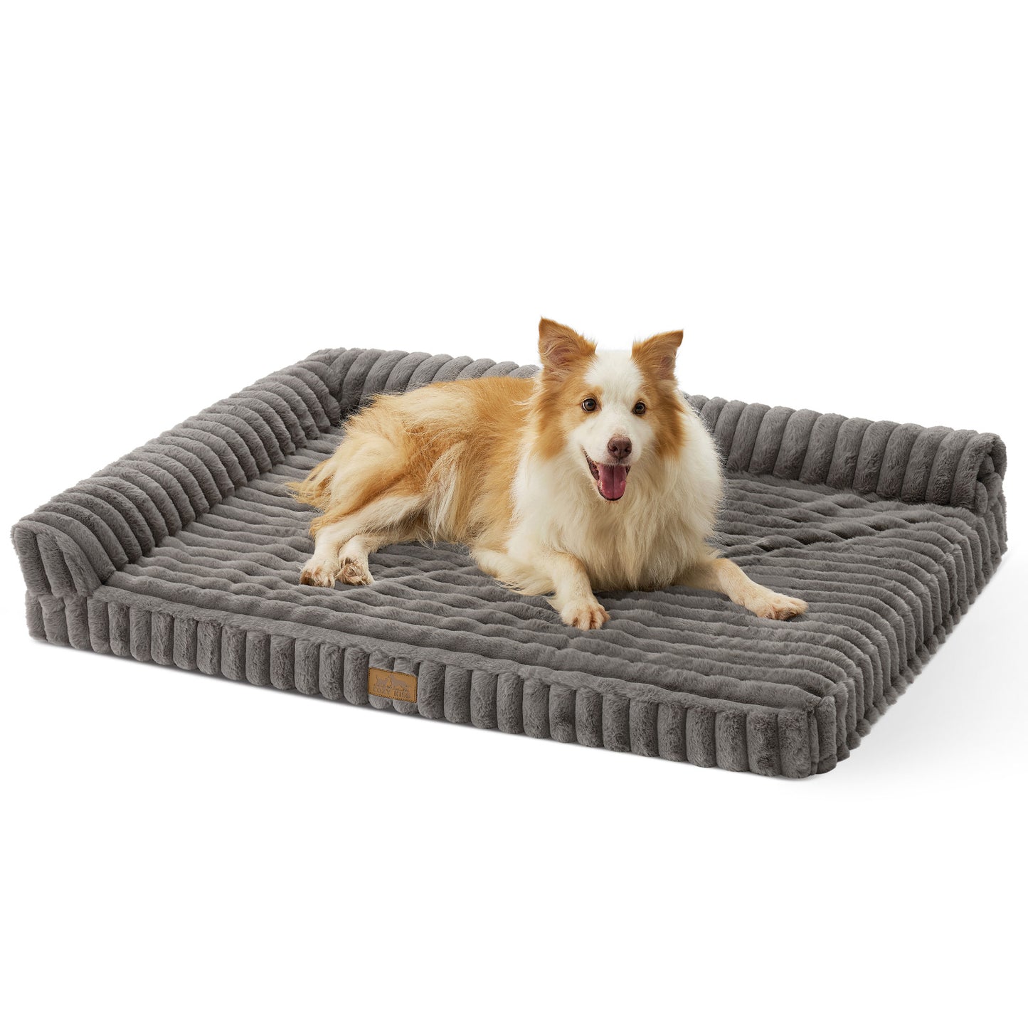 L-Shape Striped Faux Fur Orthopedic Foam Dog Bed