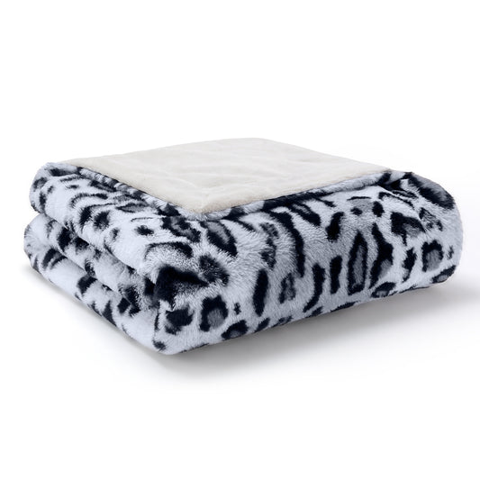 Grey Leopard Print Faux Fur Blanket
