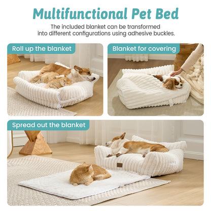 Multifunctional Plush Faux Fur Pet Couch Bed with Blanket