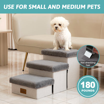 Storage Pet Stairs with Faux Fur 3-Step