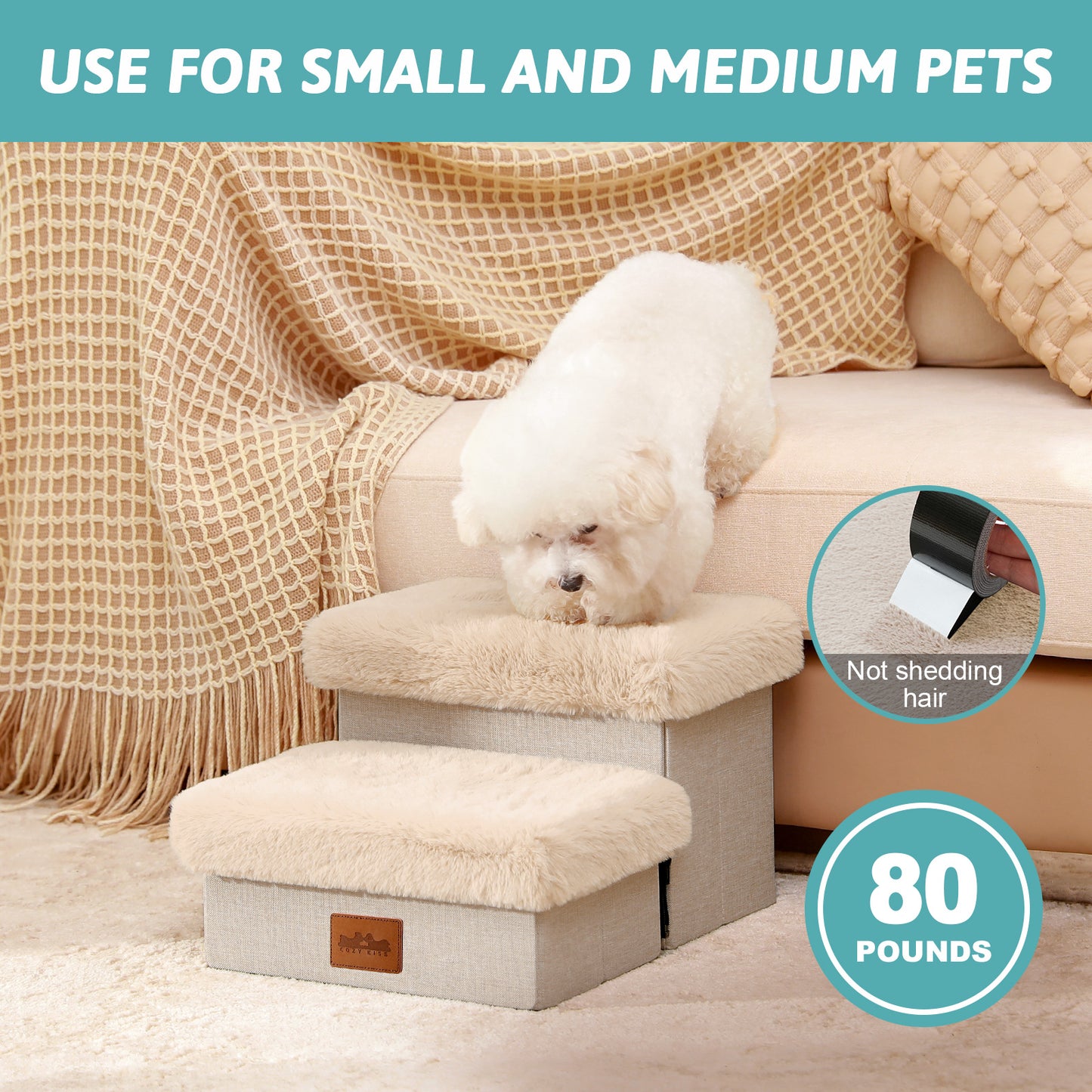 Storage Pet Stairs with Faux Fur 2-Step