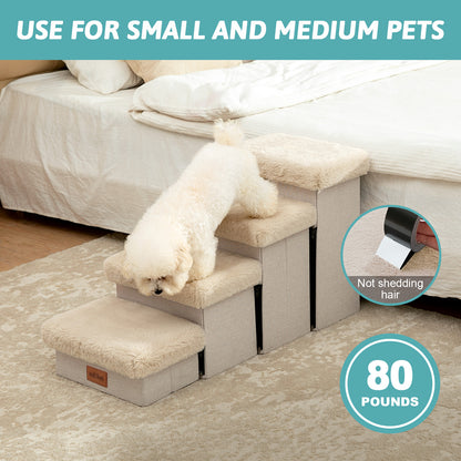 Storage Pet Stairs with Faux Fur 4-Step