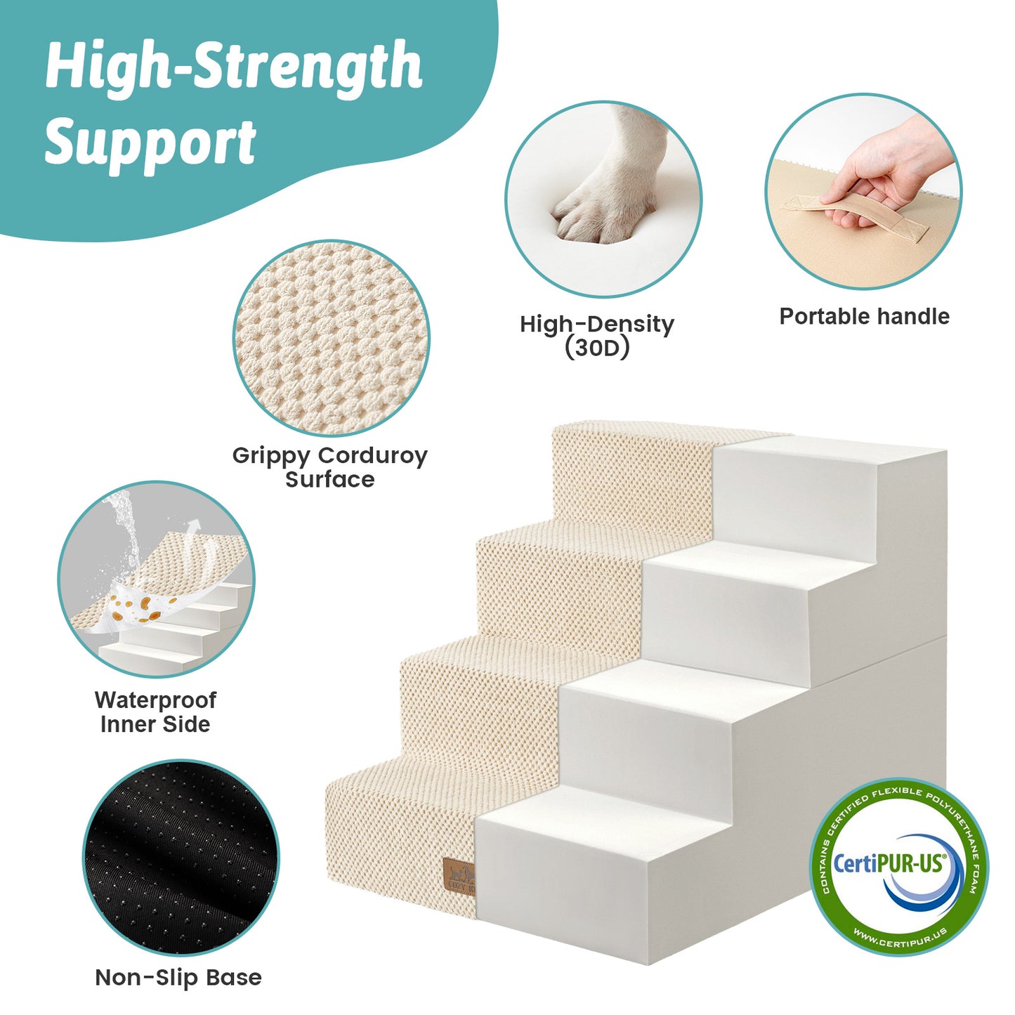 Foam Pet Stairs with Removable Right-Angle Design 4-step