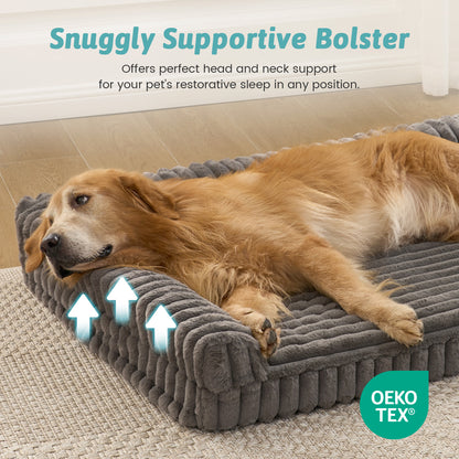 L-Shape Striped Faux Fur Orthopedic Foam Dog Bed