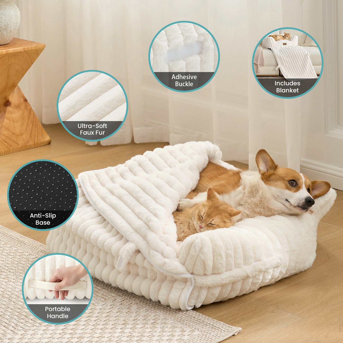 Multifunctional Plush Faux Fur Pet Couch Bed with Blanket