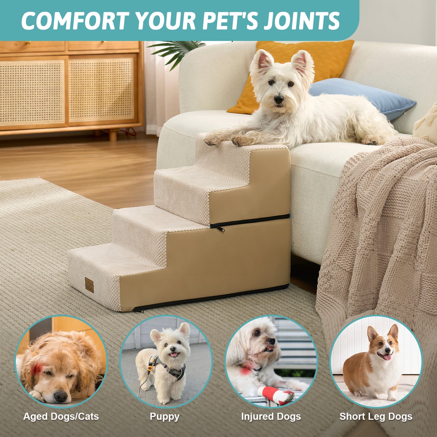 Foam Pet Stairs with Removable Right-Angle Design 4-step