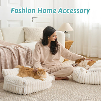 Multifunctional Plush Faux Fur Pet Couch Bed with Blanket