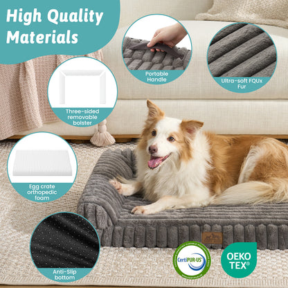 L-Shape Striped Faux Fur Orthopedic Foam Dog Bed