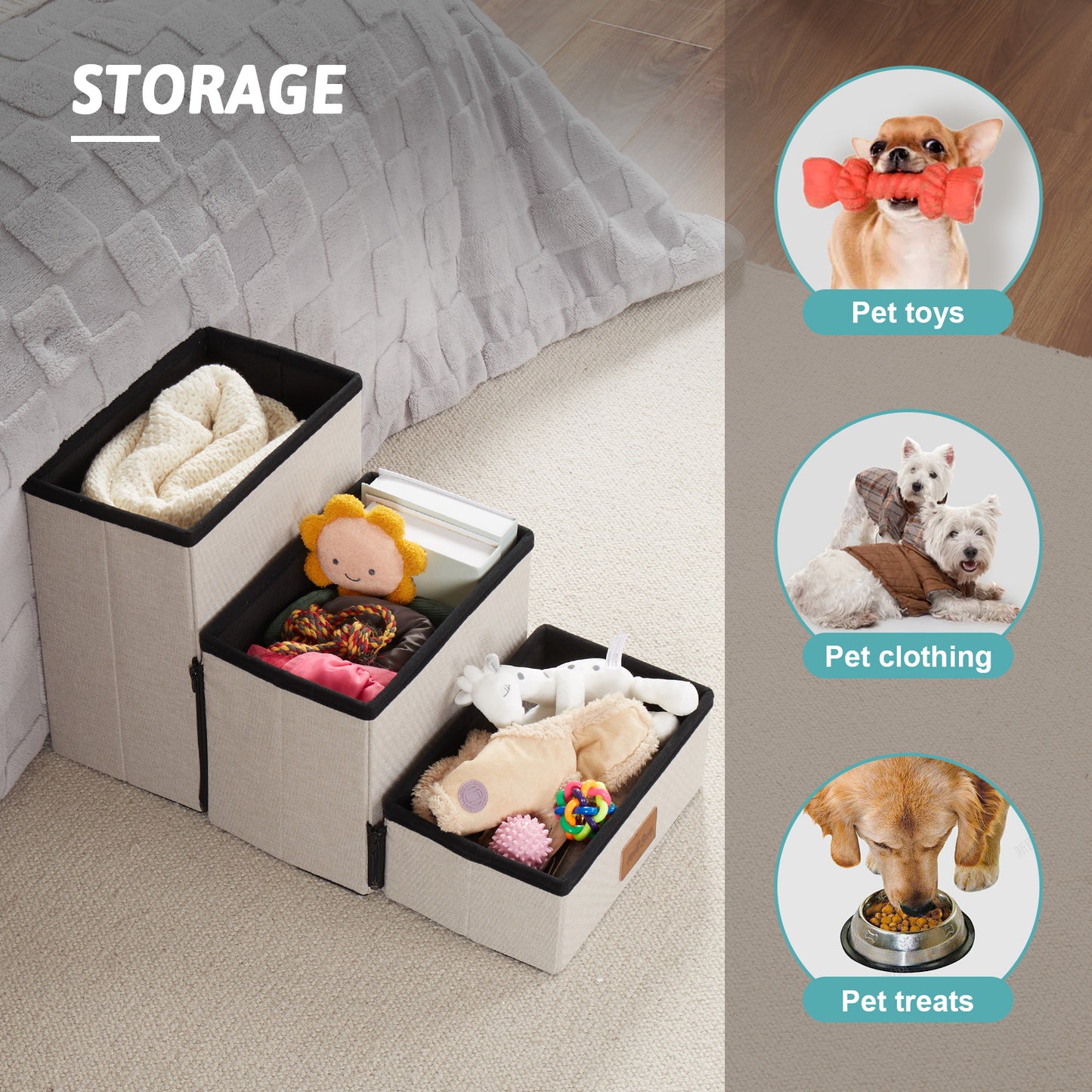 Storage Pet Stairs with Faux Fur 3-Step